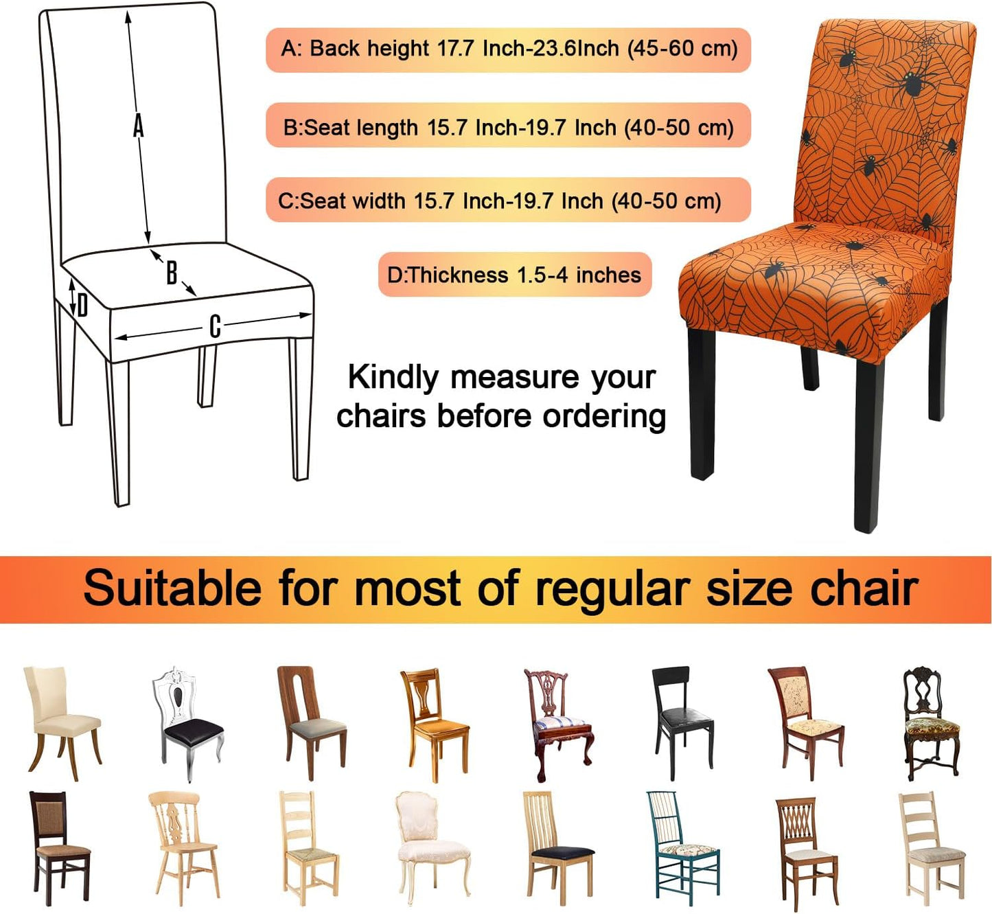 JQinHome Halloween Orange Dining Chair Slipcover, Spider Web Chair Covers Set of 4 ，High Stretch Washable Chair Protector Cover for Dining Room, Kitchen,Home Party,Wedding Ceremony(Orange, 4PC)