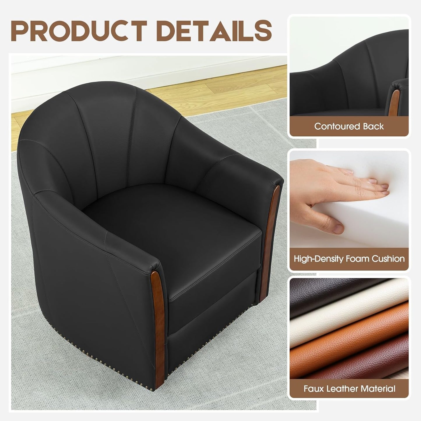 360° Swivel Accent Chair, Modern Leather Barrel Club Chair with PU Leather Upholstery and Sturdy Wood Base, Comfortable Armchair for Living Room, Bedroom, Reading Nook, Black