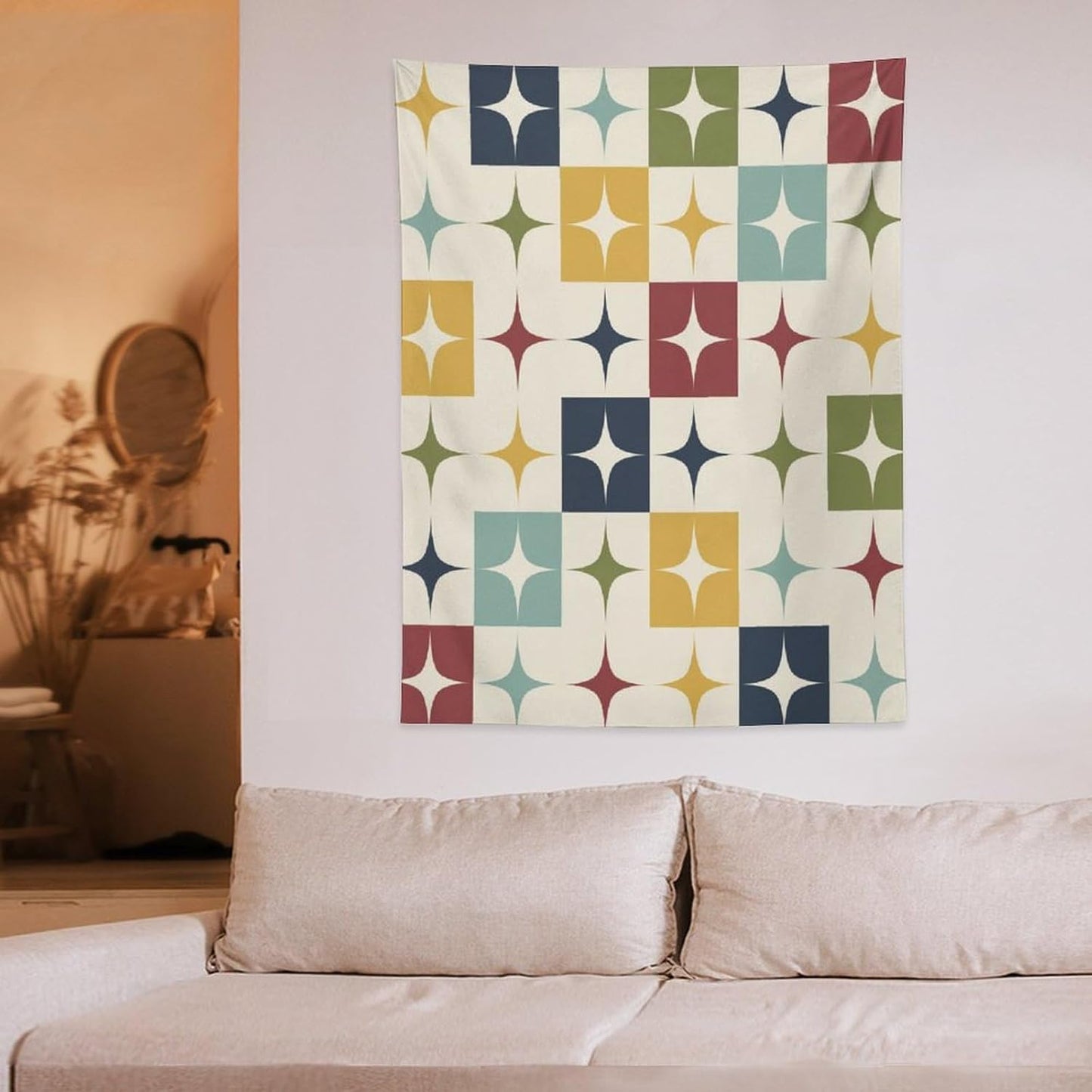 ICMOLYYENLO Boho Medieval Cat Tapestry, Abstract Atomic Starburst Geometric Aesthetic Art Wall Hanging For Bedroom Living Room Dormitory 60x80 Inches