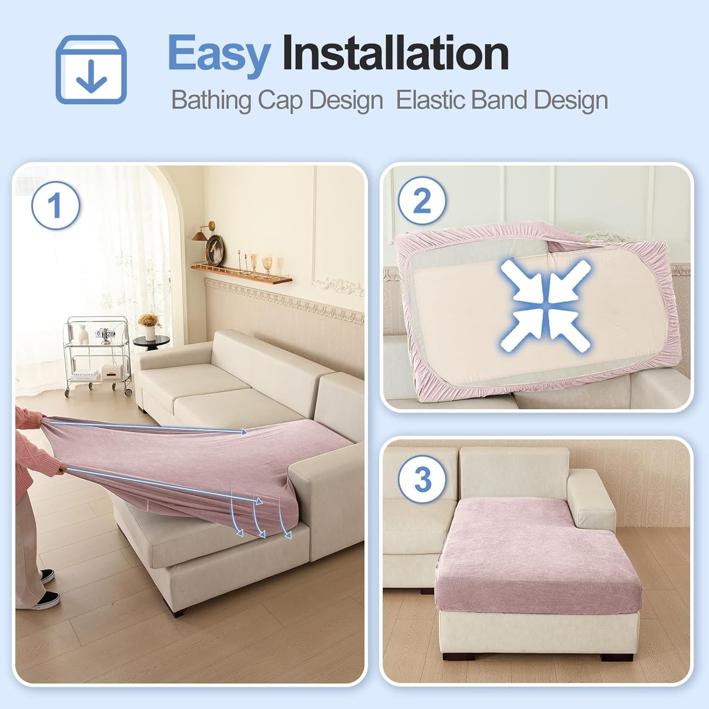 Sectional Couch Covers for L Shaped Sectional Sofa (Left or Right Facing) – Softer Chenille Sofa Covers Washable, Non-Slip Stretch Chaise Slipcover (Only 1PC Chaise Cushion Cover, Pale Pink)