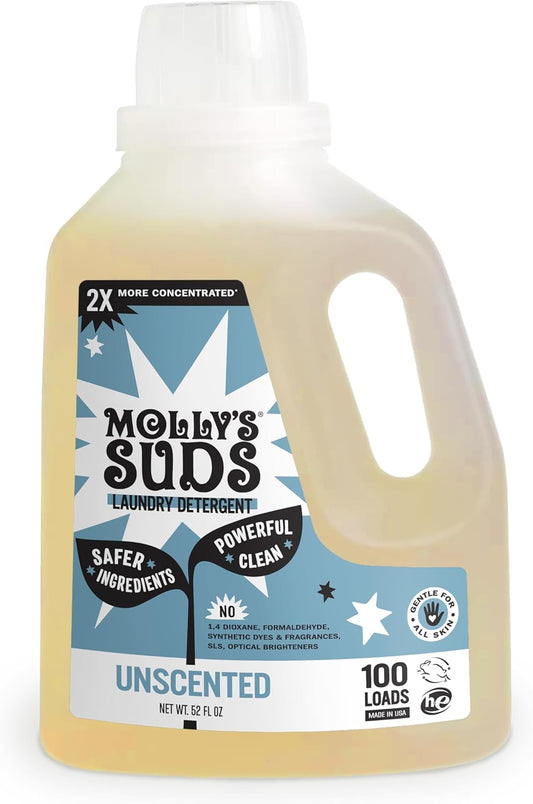 Molly's Suds Liquid Laundry Detergent | Clean Laundry Detergent Soap for Sensitive Skin | 2x Concentrated, High Efficiency (HE) | Unscented - 100 Loads