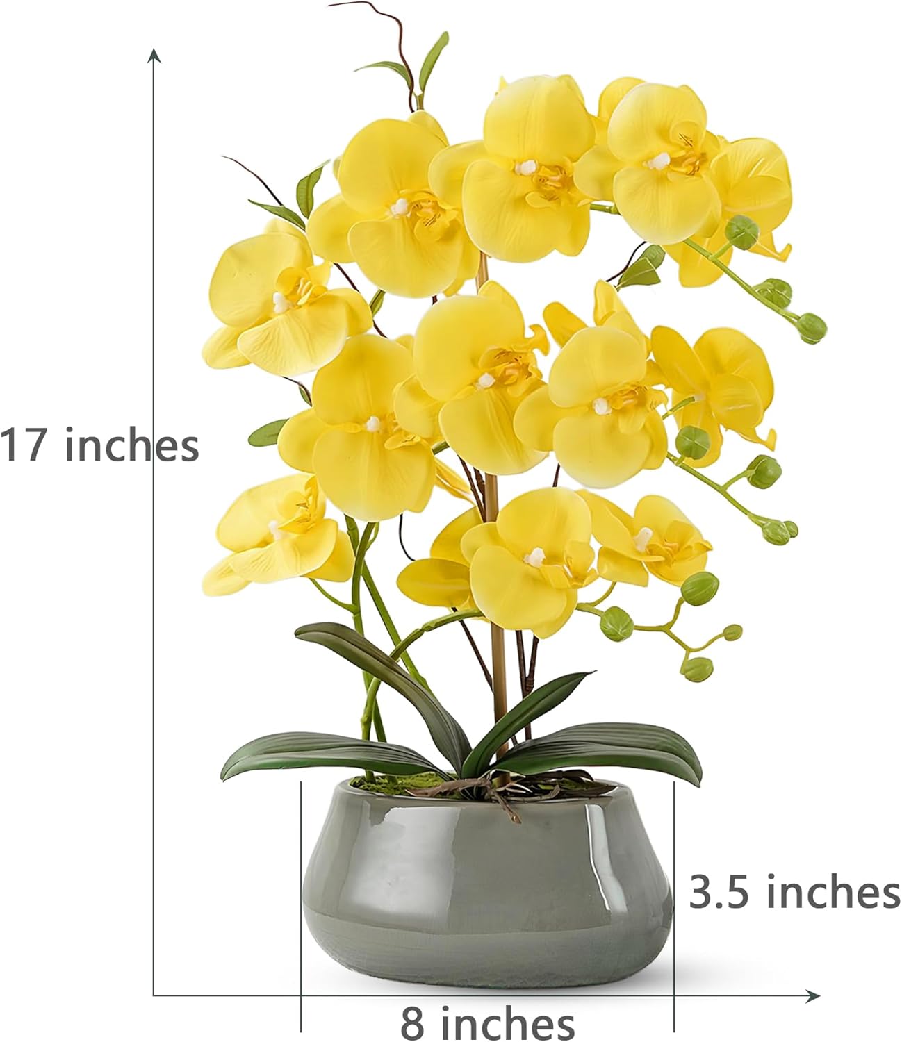 Orchid Artificial Flowers with Gray Vase Large Silk Faux Phalaenopsis Flowers for Dining Room Table Floral Centerpieces Indoor Decoration,Yellow