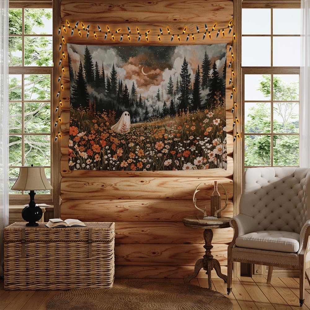 Spooky Fall Forest Art Halloween Tapestry Wall Hanging Cute and Funny Forest Flower Ghost Tapestry for Bedroom Whimsical Dark Academia Aesthetic Tapestries for Home Living Room Decor 70x90inch