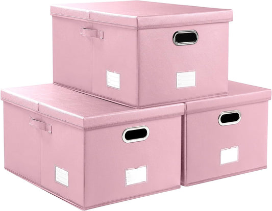 PRANDOM Collapsible Storage Box with Lid [3-Pack] Leather Fabric Foldable Storage Bin Organizer Container Basket Cube with Cover for Home Bedroom Closet Office Nursery Pink(22.8X15.7X11.8)