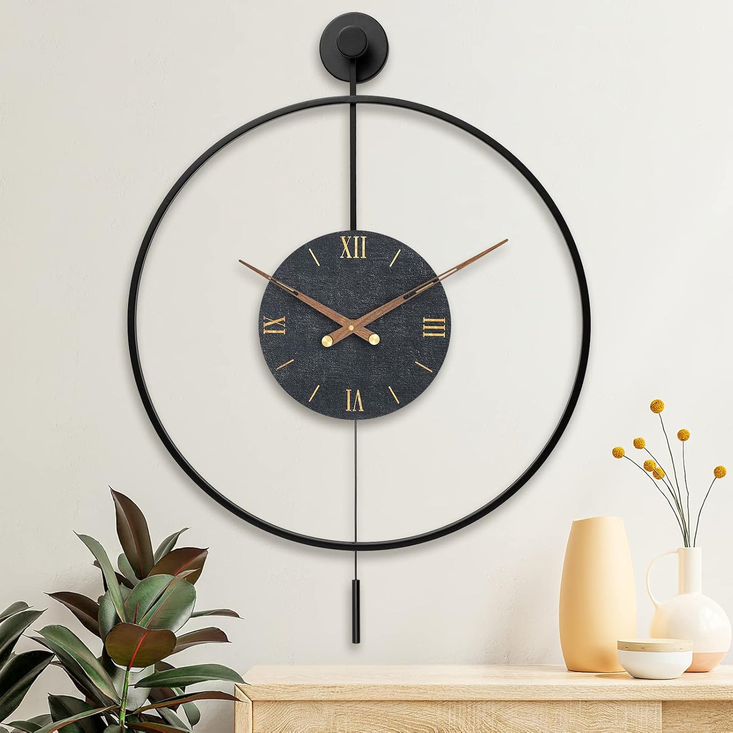 Large Modern Wall Clock,Wall Clocks for Living Room Decor,Classical Silent Metal Minimalist Walnut Dial,Big Decorative Farmhouse Pendulum Wall Clock With Walnut Pointers for Office,Dining Room