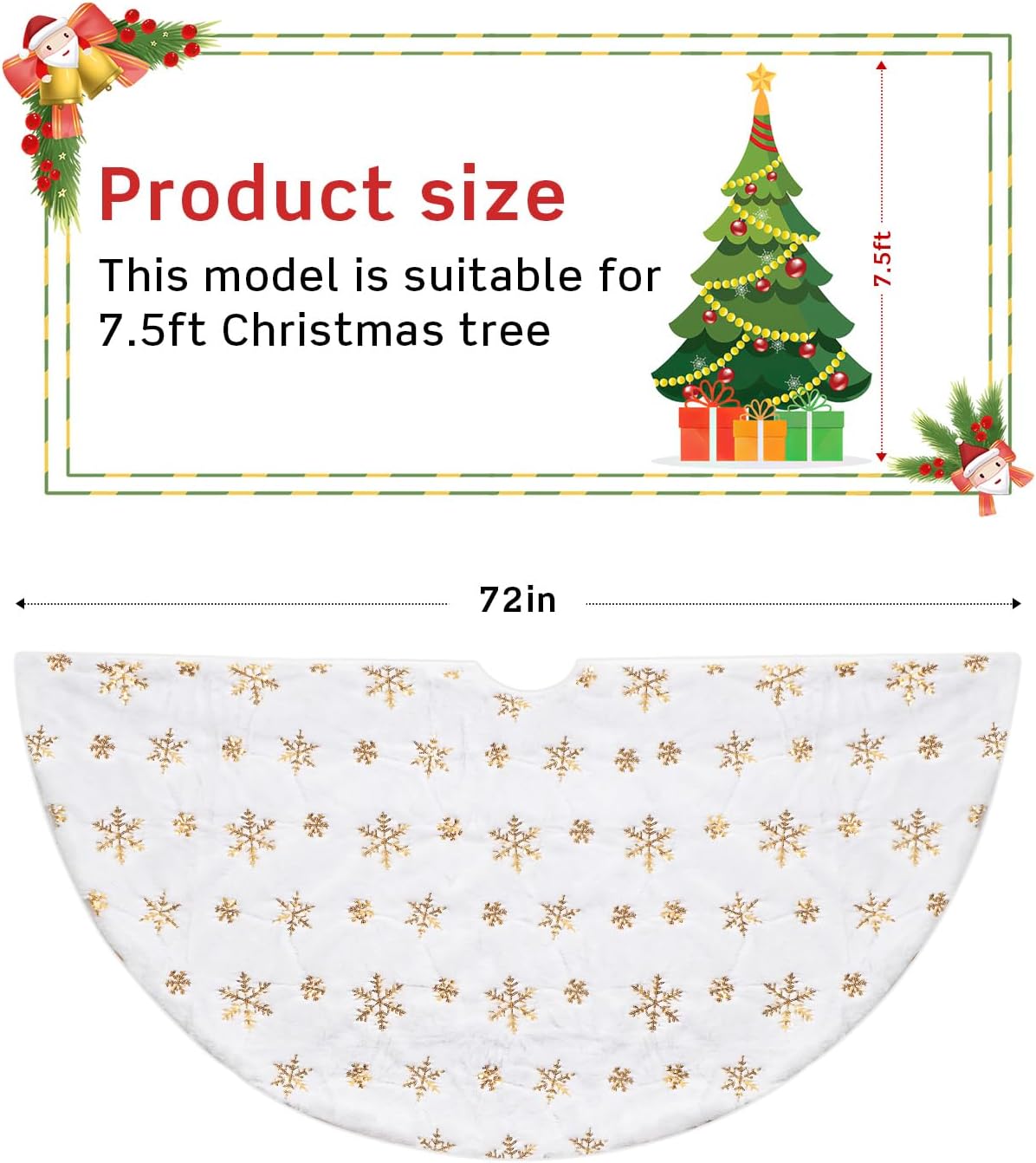 COOLWUFAN 72 Inches Christmas Tree Skirt for Xmas Tree Holiday Party Decoration White Plush Gold Sequin Snowflake (Gold)