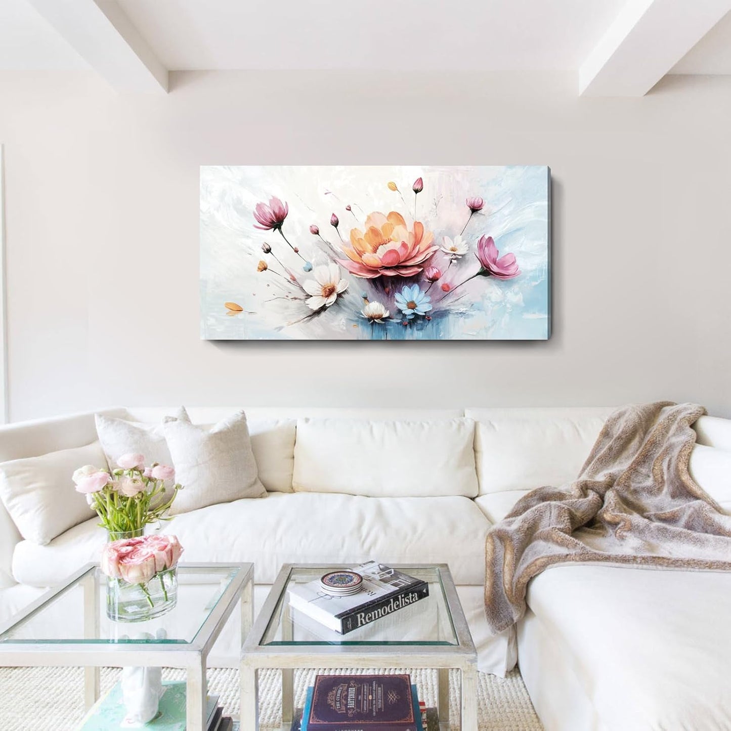 amatop Large Floral Wall Art – Modern Pink White and Blue Abstract Colorful Flower Bouquet Print Large Botanical Canvas Picture Nature Artwork Wall Decor for Living Room Bedroom Office 48x24 inch