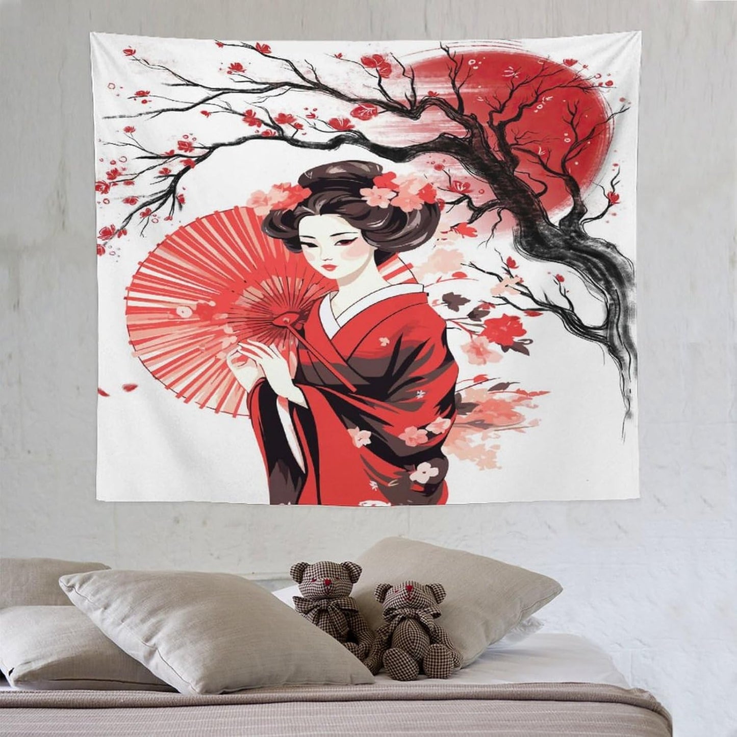 Japanese Red Geisha Tapestry Asian Cherry Blossom Traditional Kimono Folk Tapestries Home Decor for Living Room Bedroom Apartment Farmhouse Dorm 60"x50"