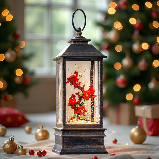 Christmas Snow Globe Lantern Indoor Decor Cardinal with Music,6H Timer,USB Lined/Battery Operated Lighted Lantern for Christmas Festival Decoration Giftsts