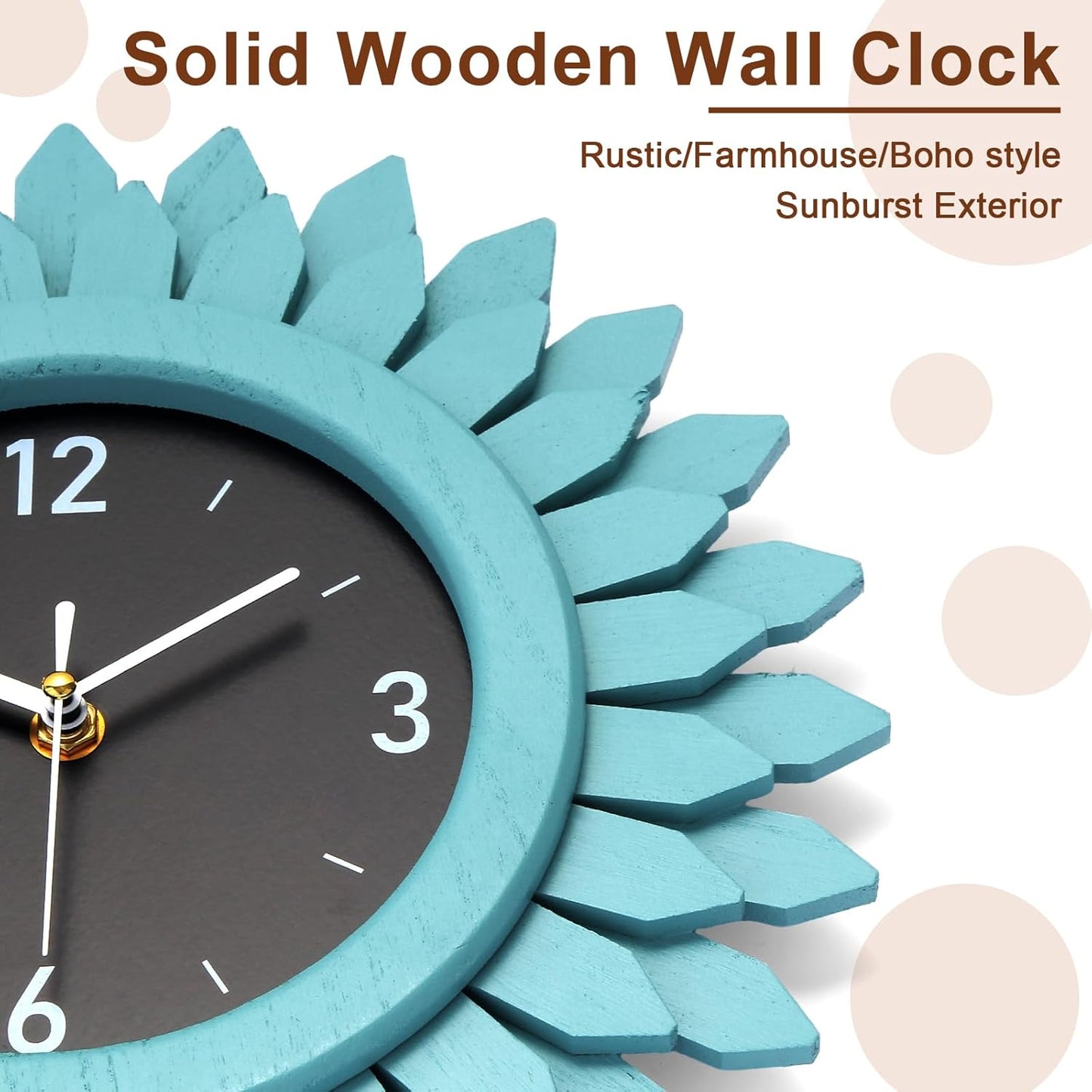 Honiway Wall Clock Battery Operated 12 Inch Rustic Wood Beach Sunburst Decorative Wall Clock Silent Non-Ticking Coastal Wall Decor Clocks for Living Room Kitchen Bathroom Bedroom (Cyan)