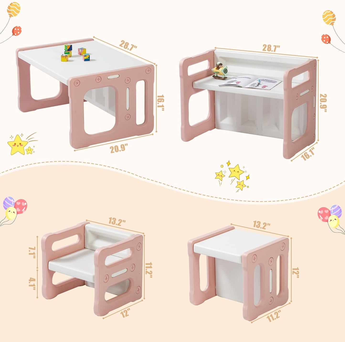 3 in 1 Montessori Weaning Table and 2 Chairs Set, Kids Desk and Chair Set, 2 Height Levels, Toddlers Activity Table for Drawing, Dining, Reading and Playing, Pink