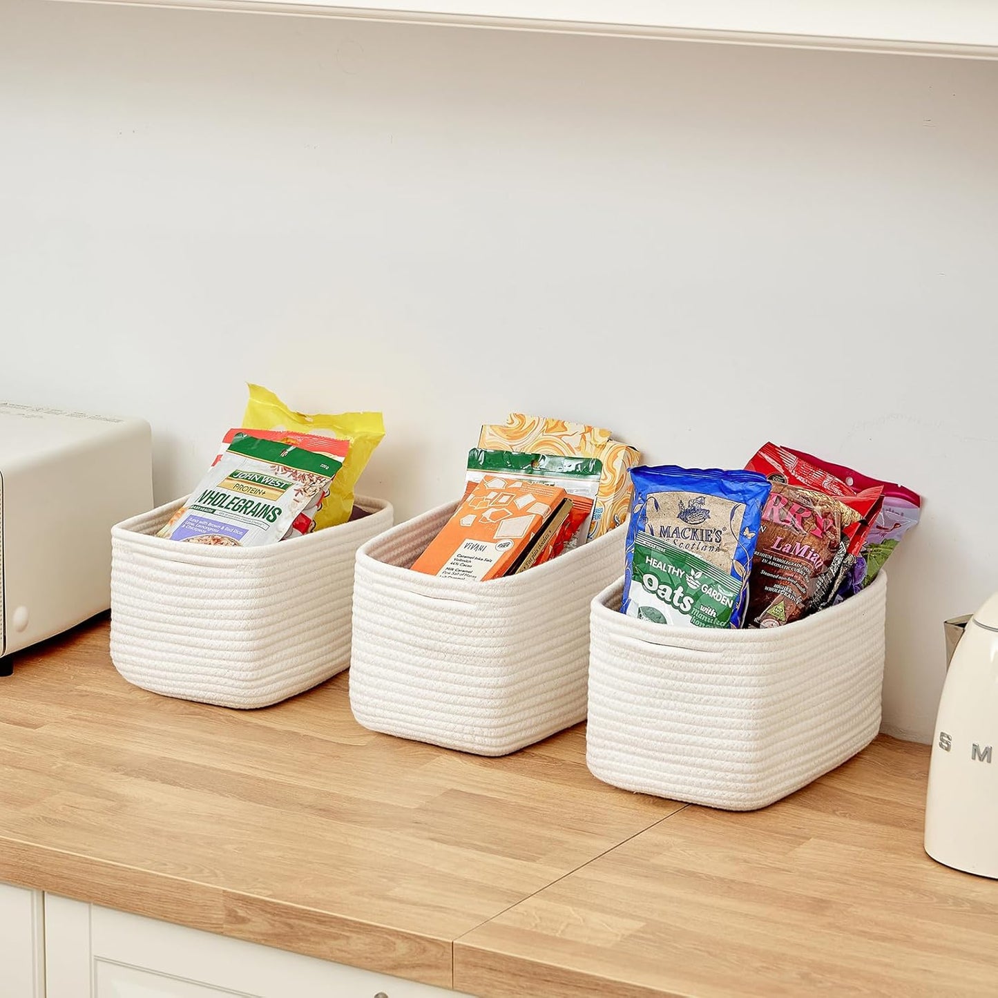 Small Cotton Rope Storage Basket Set of 3-11"x7"x7" Perfect Woven Baskets for Storage, Ideal Storage Baskets for Organizing Toys, Towels, and More - Baskets for Shelves and Home Decor（White）