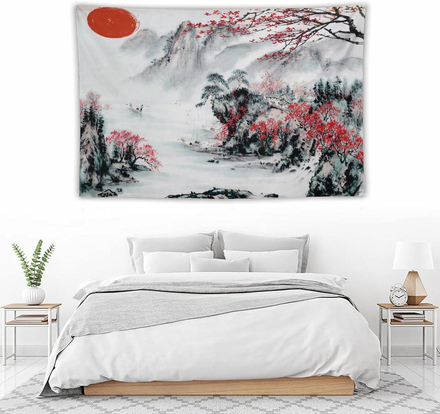 Cherry Blossoms Tapestry,Japanese Red Landscape Asian Watercolor Abstract Art Tapestry, Asian Japanese Wall Tapestry, Nature Landscape Tapestries for Bedroom Living Room Decor 90"x60"