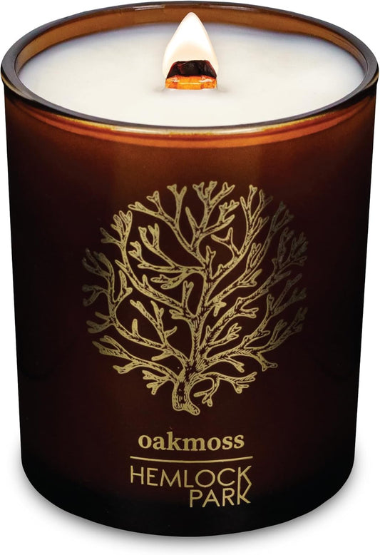 Hemlock Park Wood Wick Candle Handcrafted with Natural Coconut Wax and Essential Oils (Amber & Gold 7.2 oz, Oakmoss)