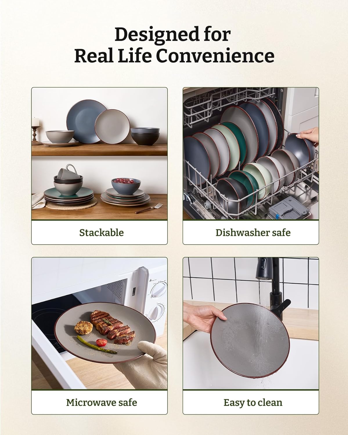 Famiware Venus Plates and Bowls Sets, 18 Pieces Stoneware Dinnerware Sets, Speckled Dishes Set for 6, Microwave and Dishwasher Safe, Matte Dark Grey