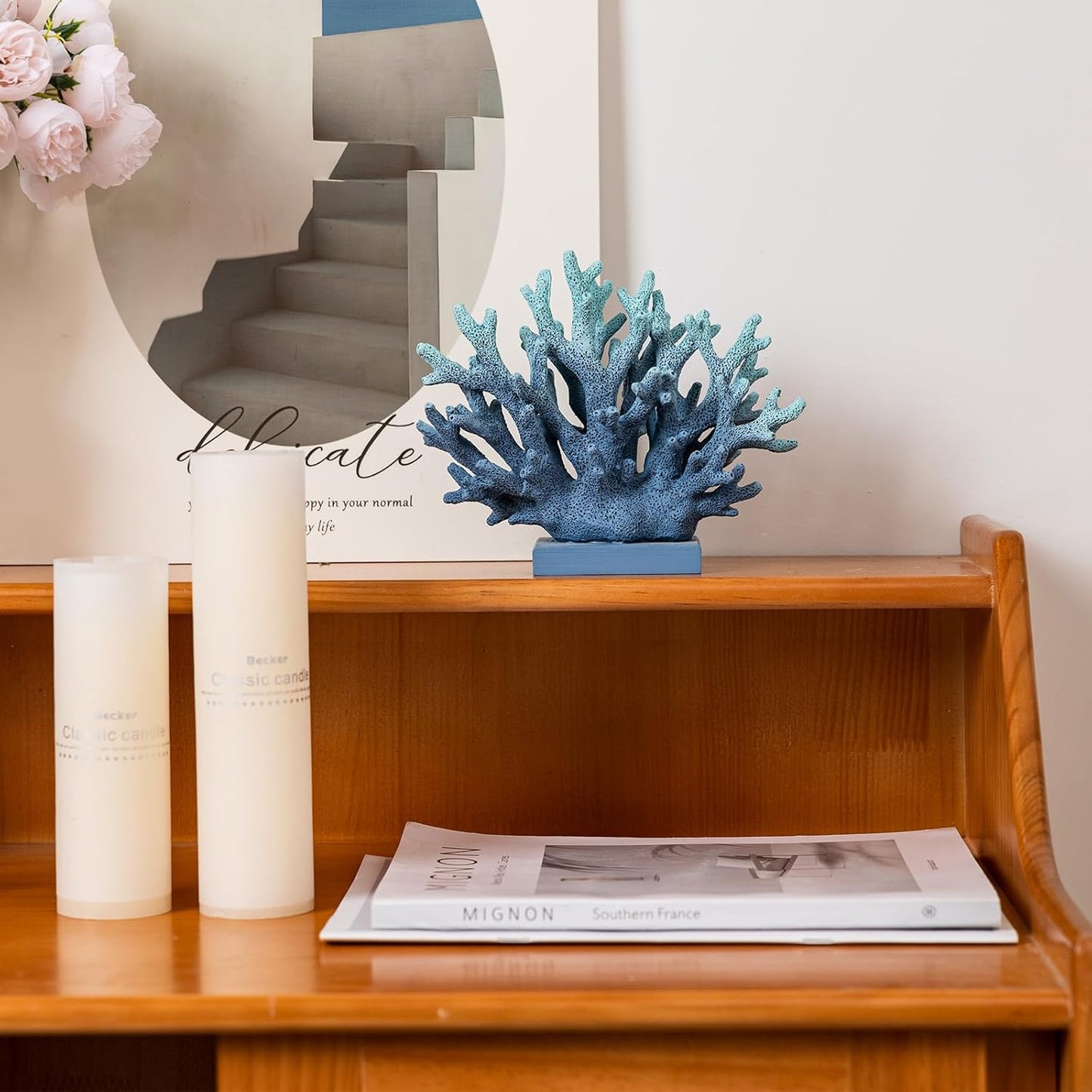 5.8" H Blue Coral Decor, Resin Coral Statue, Nautical Decorations for Home, Beach/Coastal/Ocean Themed Cabinet Shelf Tabletop Decor