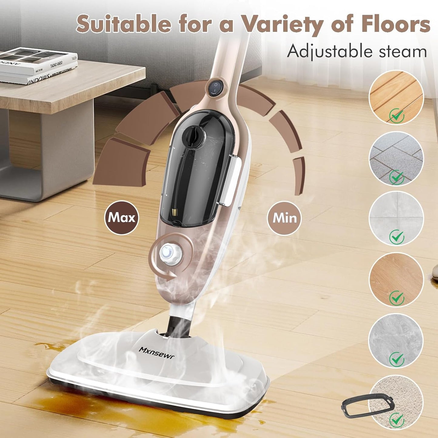 Steam Mop - All-in-one Powerful Handheld Steam Cleaner Detachable Floor Steamer with 11 Accessories, MultiPurpose Steamer for Hardwood Floors, Clothes,Windows,Tiles,Carpet, Whole Home Use, Rose Gold