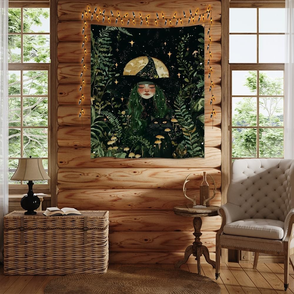 Moon Witch Tapestry Wall Hanging Mystical Botanical Green Print Dark Forest Witchy Decor Gothic Magical Black Cat and Moon Tapestries for Bedroom Living Room Dorm Decoration Aesthetic 60x80inch