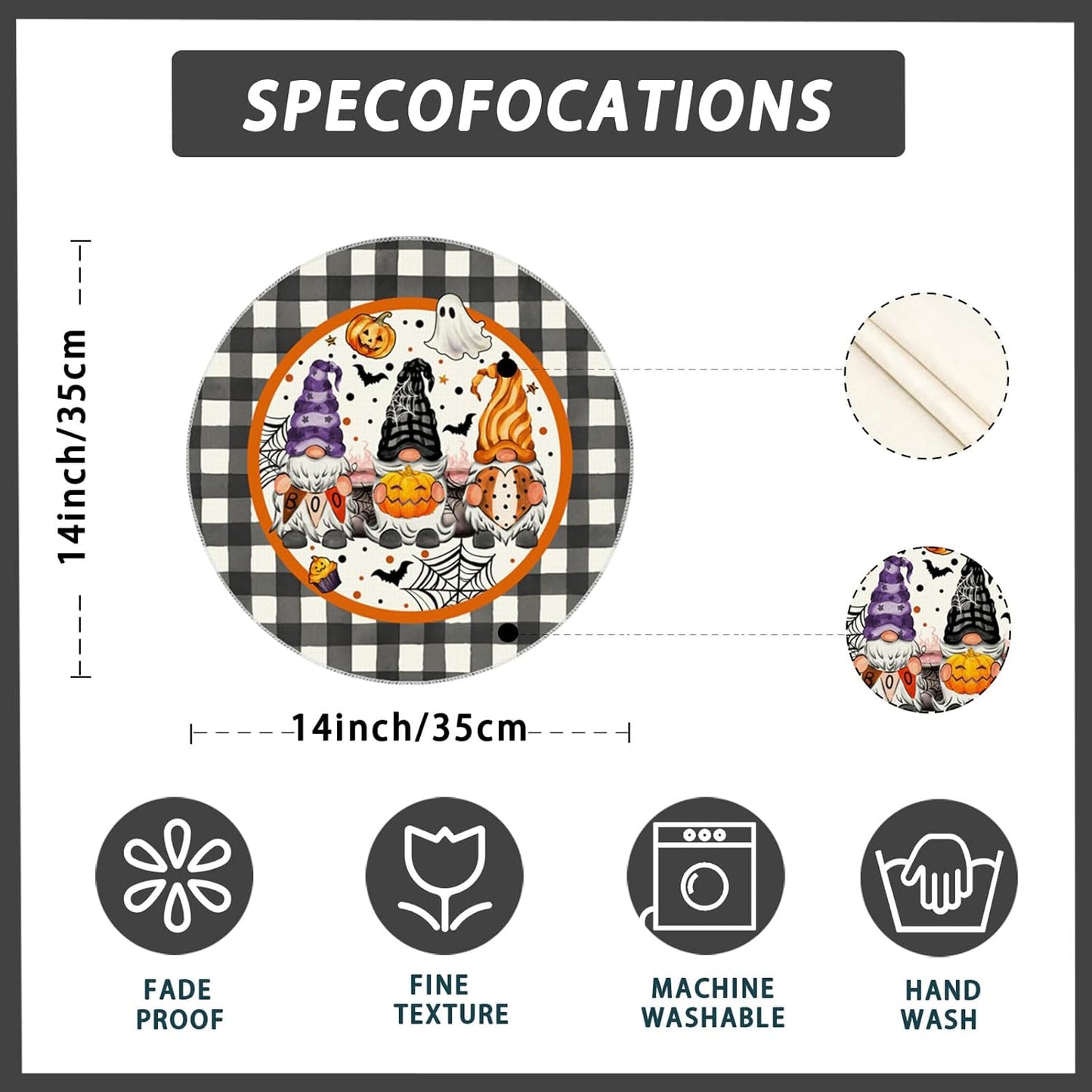 XCHI Spooky Boo Plaid Gnome Halloween Round Placemats Set of 4 Table Mats for Party Home Kitchen Dining Table Decorations 14x14 Inch