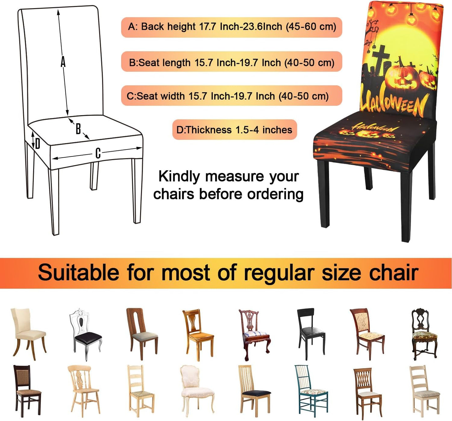 JQinHome Orange Halloween Chair Slipcover, Pumpkin Chair Covers Set of 6, High Stretch Washable Chair Protector Cover for Dining Room, Kitchen,Home Party,Wedding Ceremony(Orange,6PC)