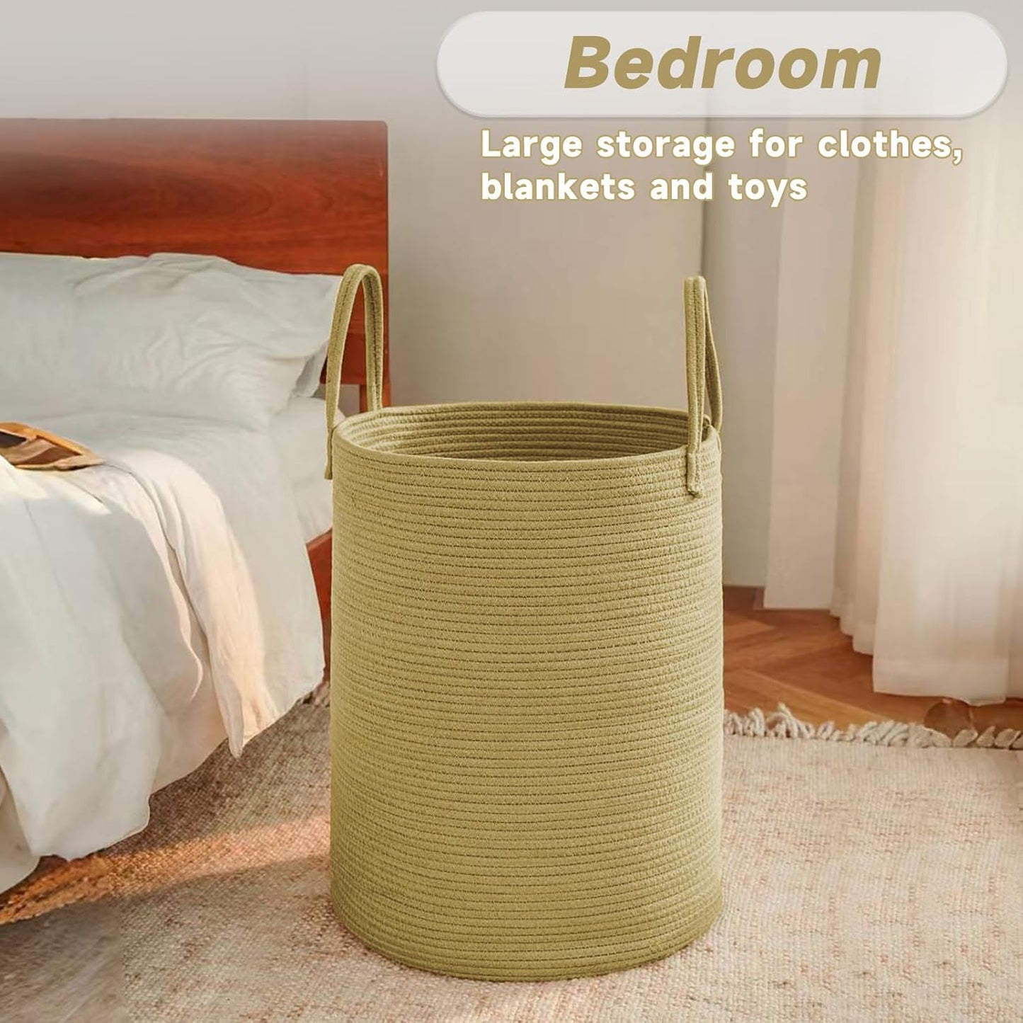 Large Woven Laundry Basket Hamper,60L Cotton Rope Storage Bin for Blankets,Toys and Clothes,Decorative Tall Nursery Hamper for Living Room,Baby Nursery,Bathroom and Bedroom,Jute