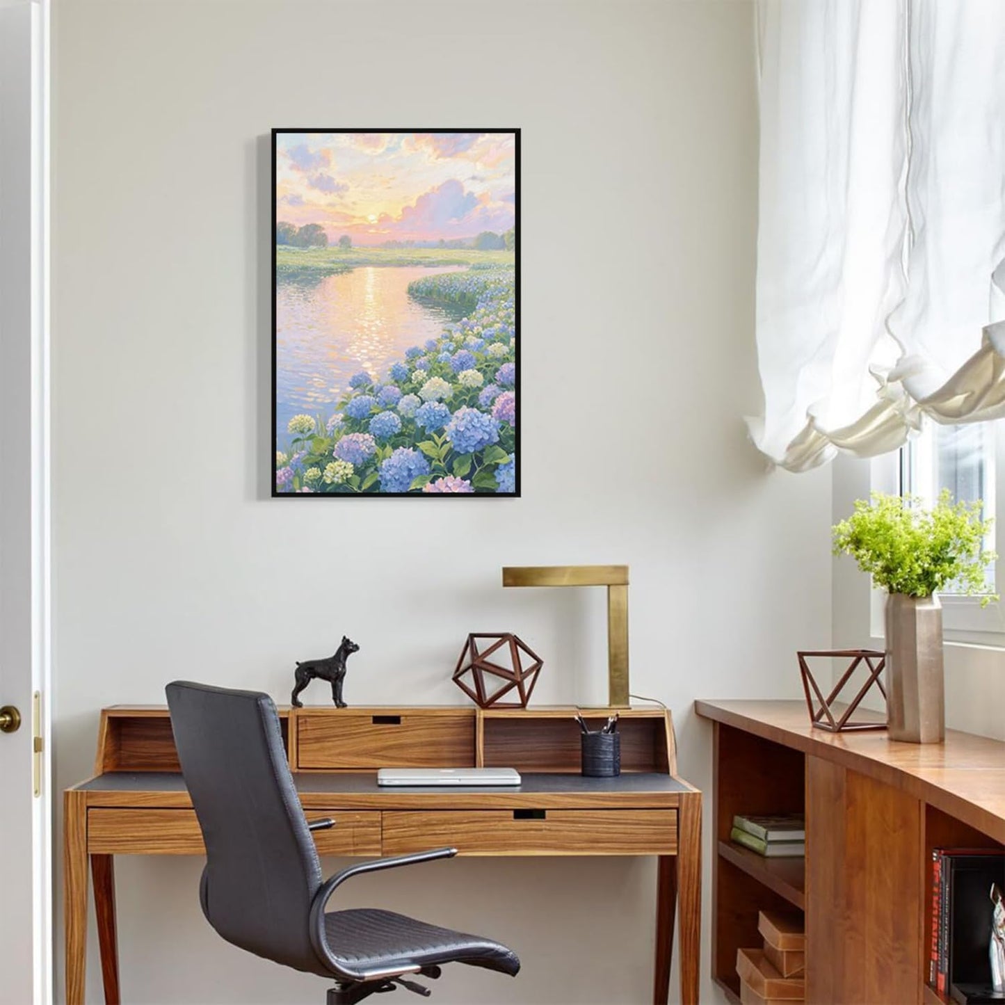 The hydrangea scenery all over the lake at sunset is suitable for posting in the living room bedroom office landscape poster wall painting