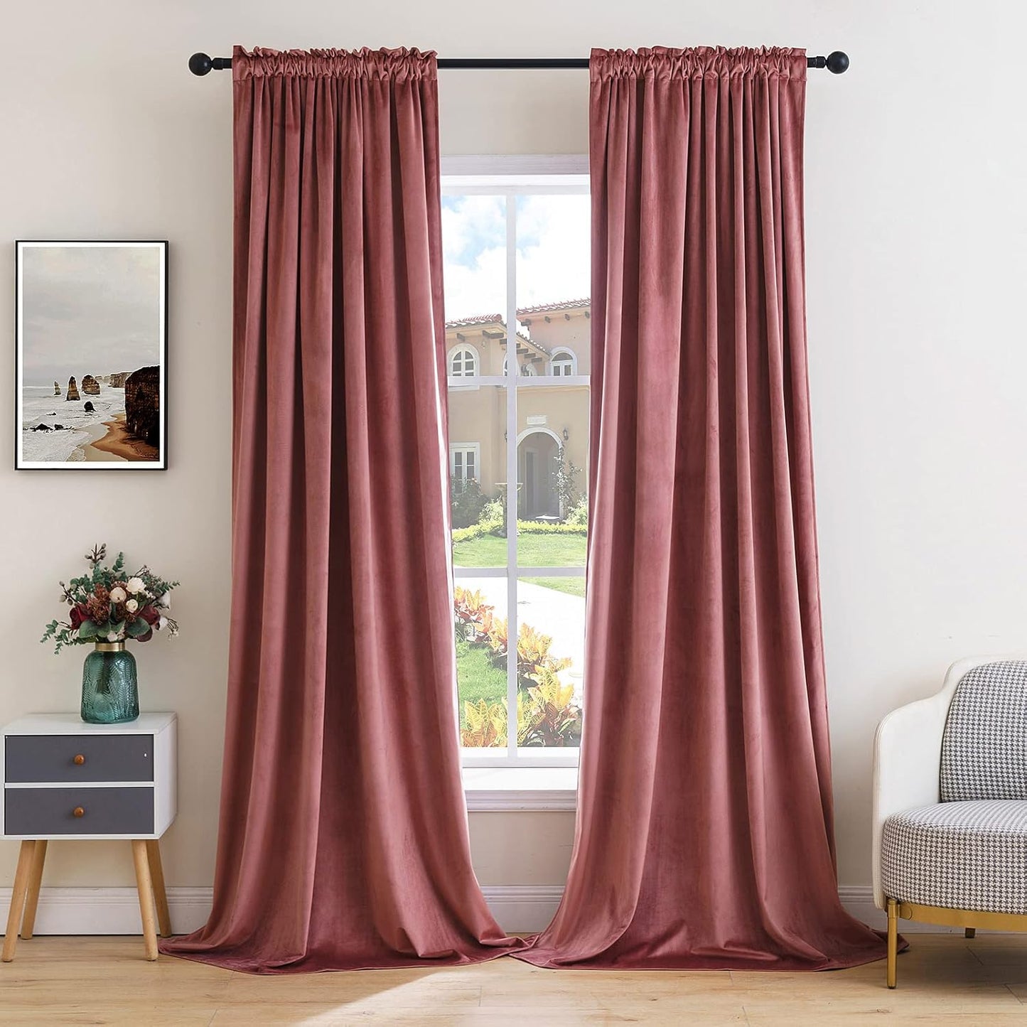 MIULEE Dusty Rose Pink Velvet Curtains 108 Inches Long Thermal Insulated Blackout Curtain Drapes for Bedroom Living Room Darkening Rod Pocket Set of 2