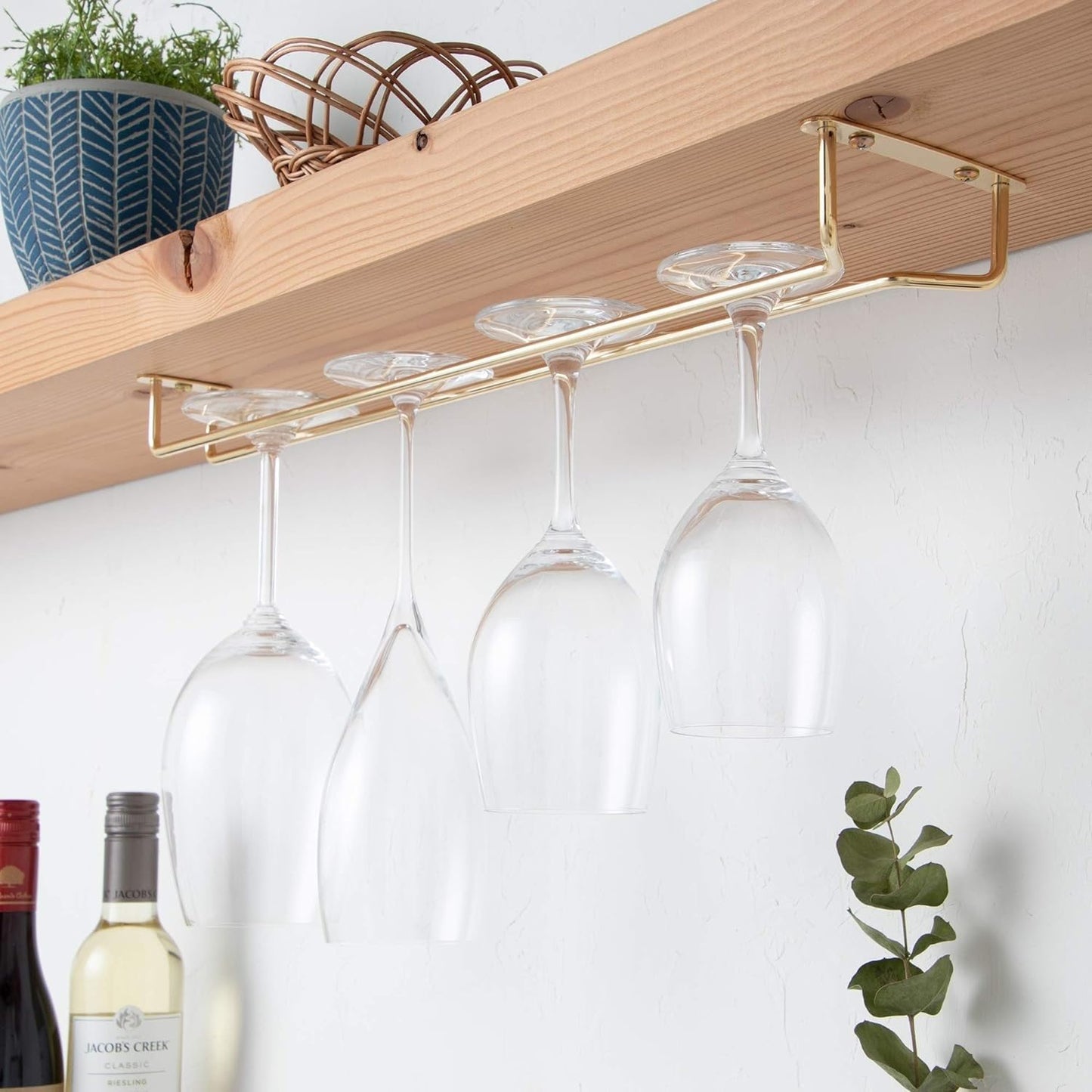 Soro Essentials- 16" Glass Hanging Stemware Rack Brass Plated Set of 2- Wine Glass Hangers Under Shelf Cabinet Wire Wine Holder Storage Hanger for Cabinet Kitchen Bar or Home