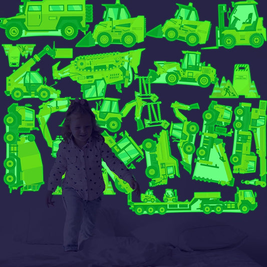 Glow in The Dark Construction Stickers, 23 PCS Glowing Luminous Truck Excavator Tractor Wall Decals Vehicle Truck Ceiling Stickers for Kids Boys Girls Bedroom Nursery Playroom Party Room Decor