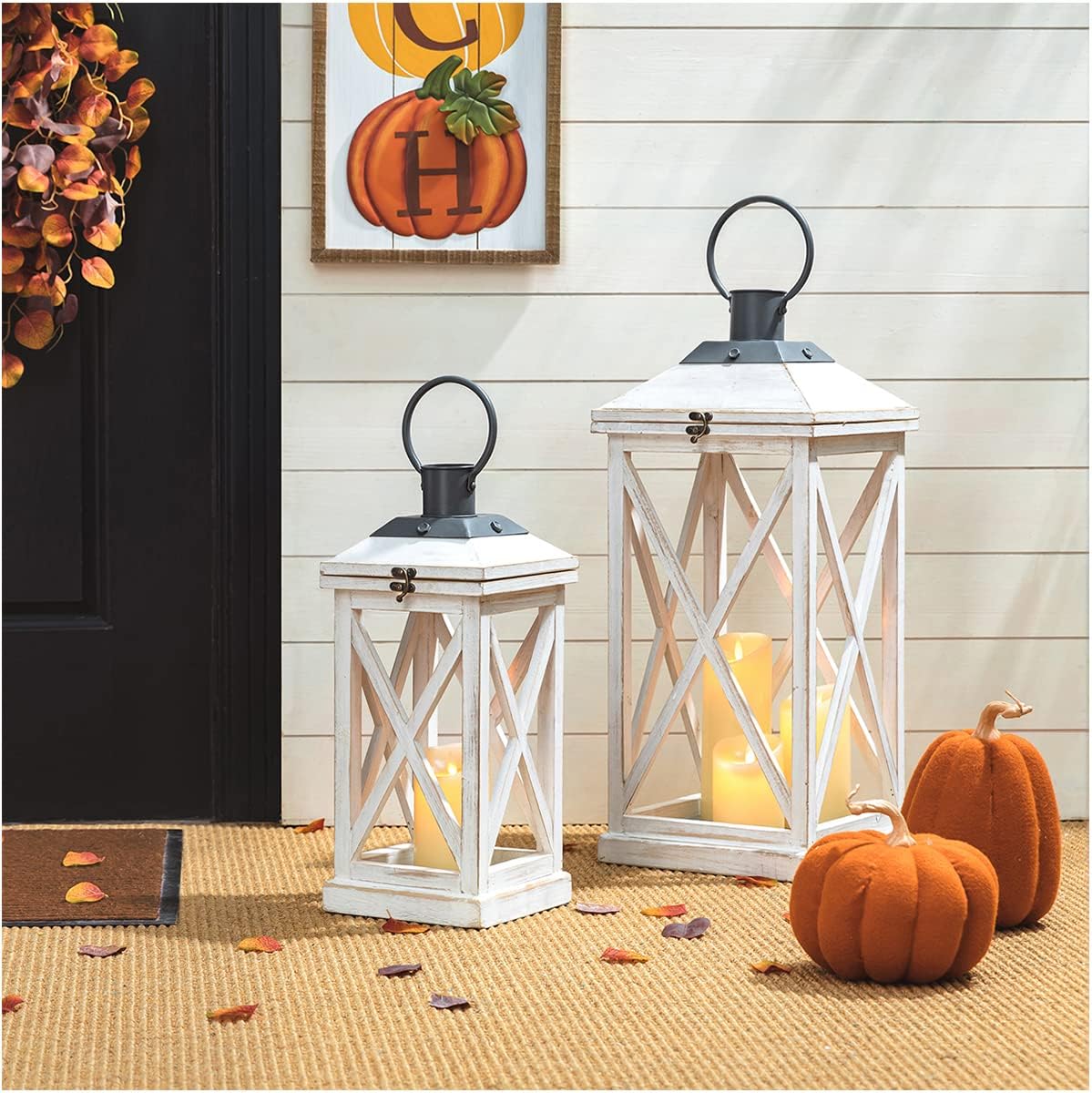 Glitzhome Mondern Farmhouse Wooden Lantern Hanging Decorative Candle Lantern for Outdoor & Indoor Wash White Set of 2 (No Glass)