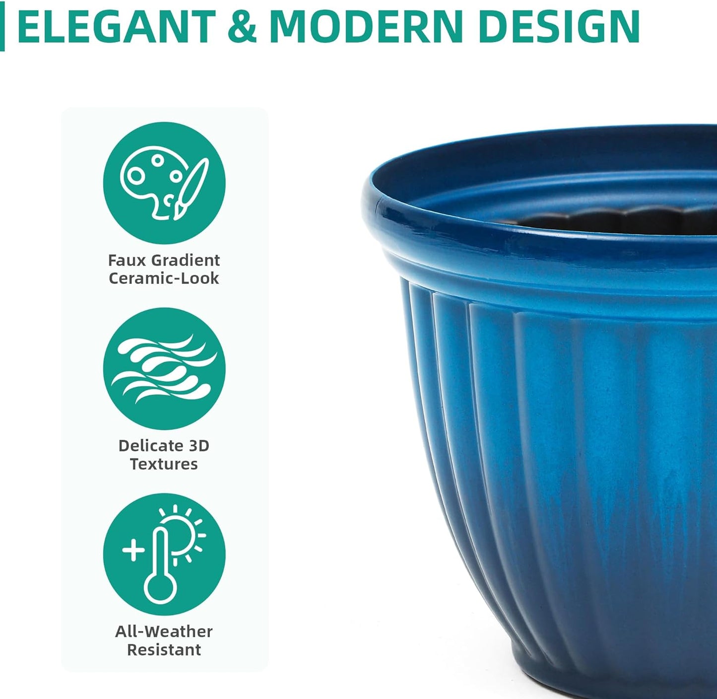 15" H Large Flower Pots, Set of 2 Plastic Planters for Outdoor Plants with Gradient Blue Finish and 3D Textures, Weather-Resistant for Porch, Garden, Patio or Indoor Use