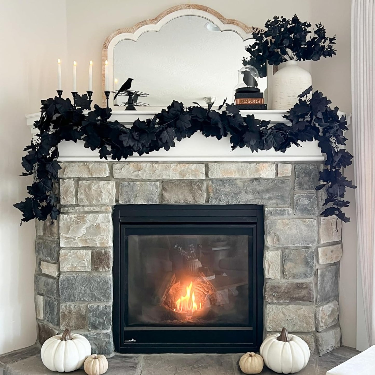 CQURE 9 Pack Black Fall Leaf Garland, Total 53.1Ft Halloween Garland Hanging Vines Artificial Fall Maple Leaves Thanksgiving Decor for Home Wedding Fireplace Christmas