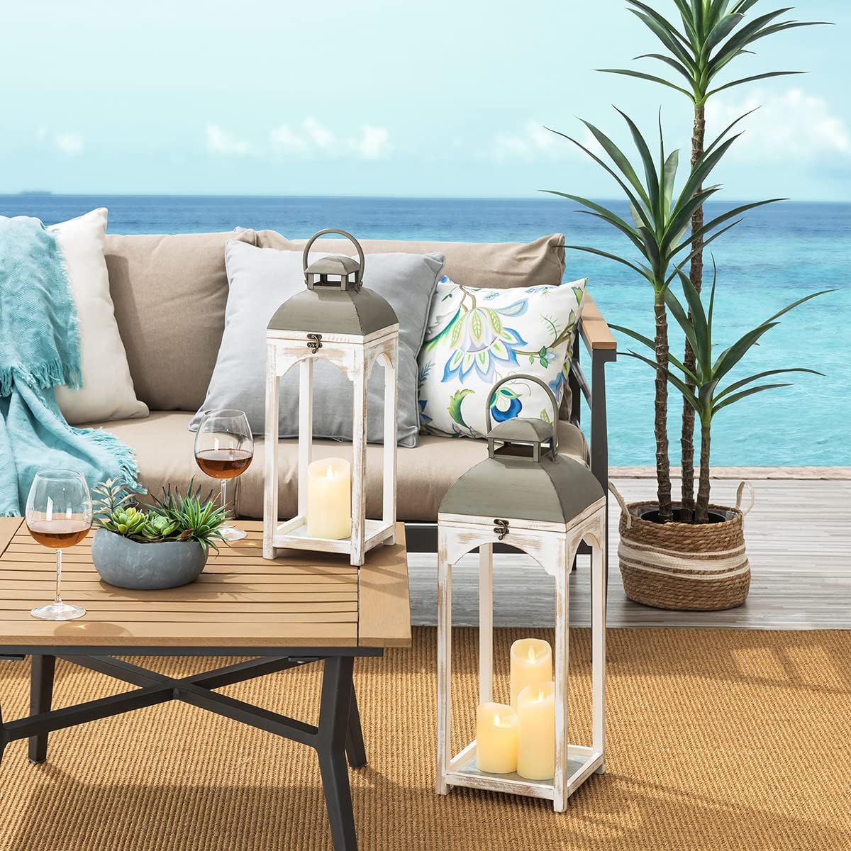 Glitzhome Set of 2 Mondern Farmhouse Wood Metal Lanterns Decorative Candle Lanterns, White (No Glass)