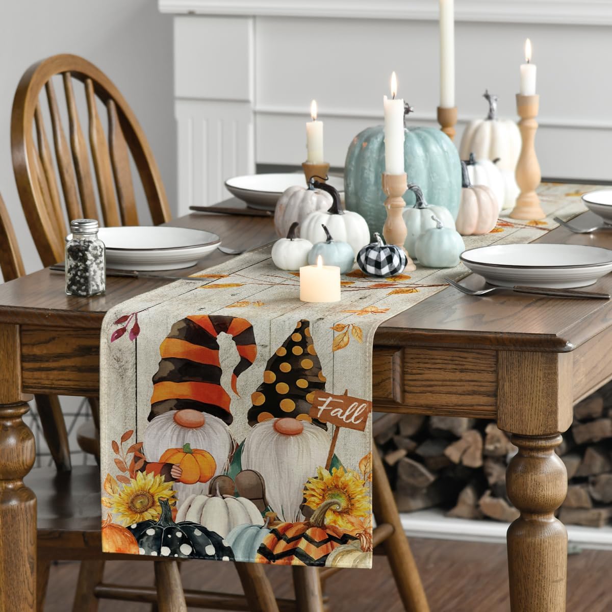 Artoid Mode Wood Gnomes Pumpkins Sunflower Maple Leaves Fall Table Runner, Kitchen Dining Table Decoration for Home Party Decor 13 x 36 Inch