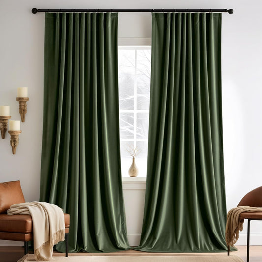 MIULEE Olive Green Velvet Curtains 90 inches 2 Panels - Pinch Pleat Luxury Room Darkening Curtains for Bedroom Living Room Thermal Insulated Super Soft Window Drapes Rod Pocket, W52 x L90 inch