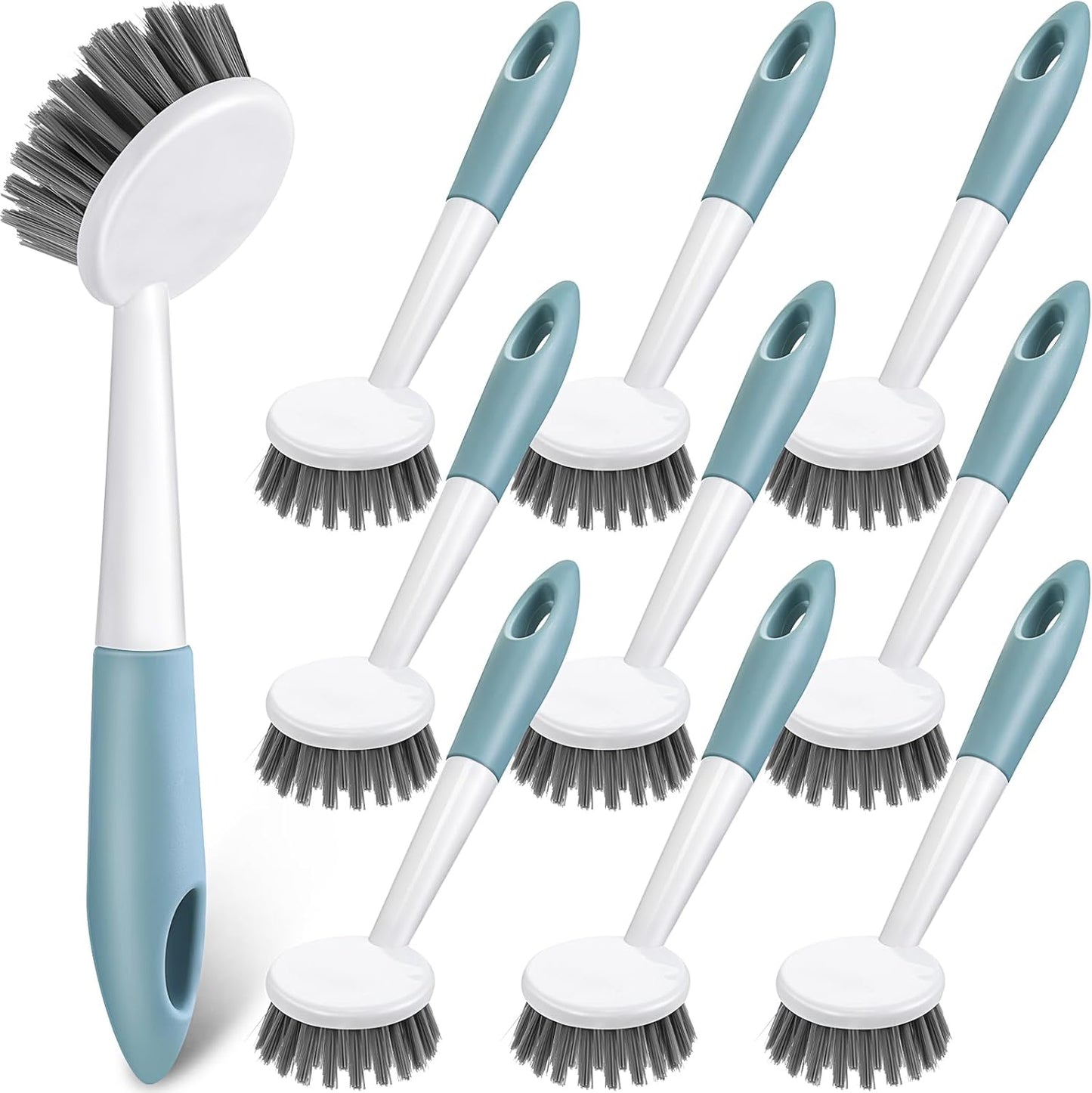 Patelai 12 Pack Kitchen Scrub Dish Brush with Long Handle Dish Scrubber with Stiff Bristles Scrub Brushes for Kitchen Dishes Washing Tools, Pots, Pans and Sink Cleaning (Celadon)