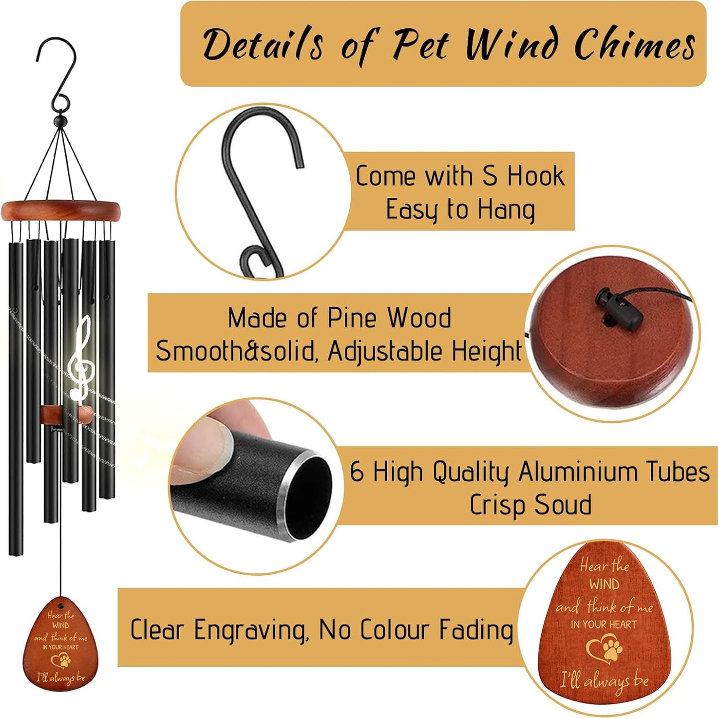 Pet Memorial Wind Chimes 26" - Dog Memorial Gifts for Loss of Dog, Dogs Remembrance Bereavement Gift, Pet Loss Sympathy Gifts (Design 3)