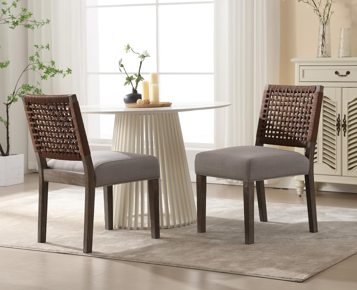 Kmax Farmhouse Dining Chairs Set of 6, Rustic Kitchen Chairs with Linen Fabric Seat and Woven Back, Vintage Accent Chairs for Dining Room, Living Room, Grey