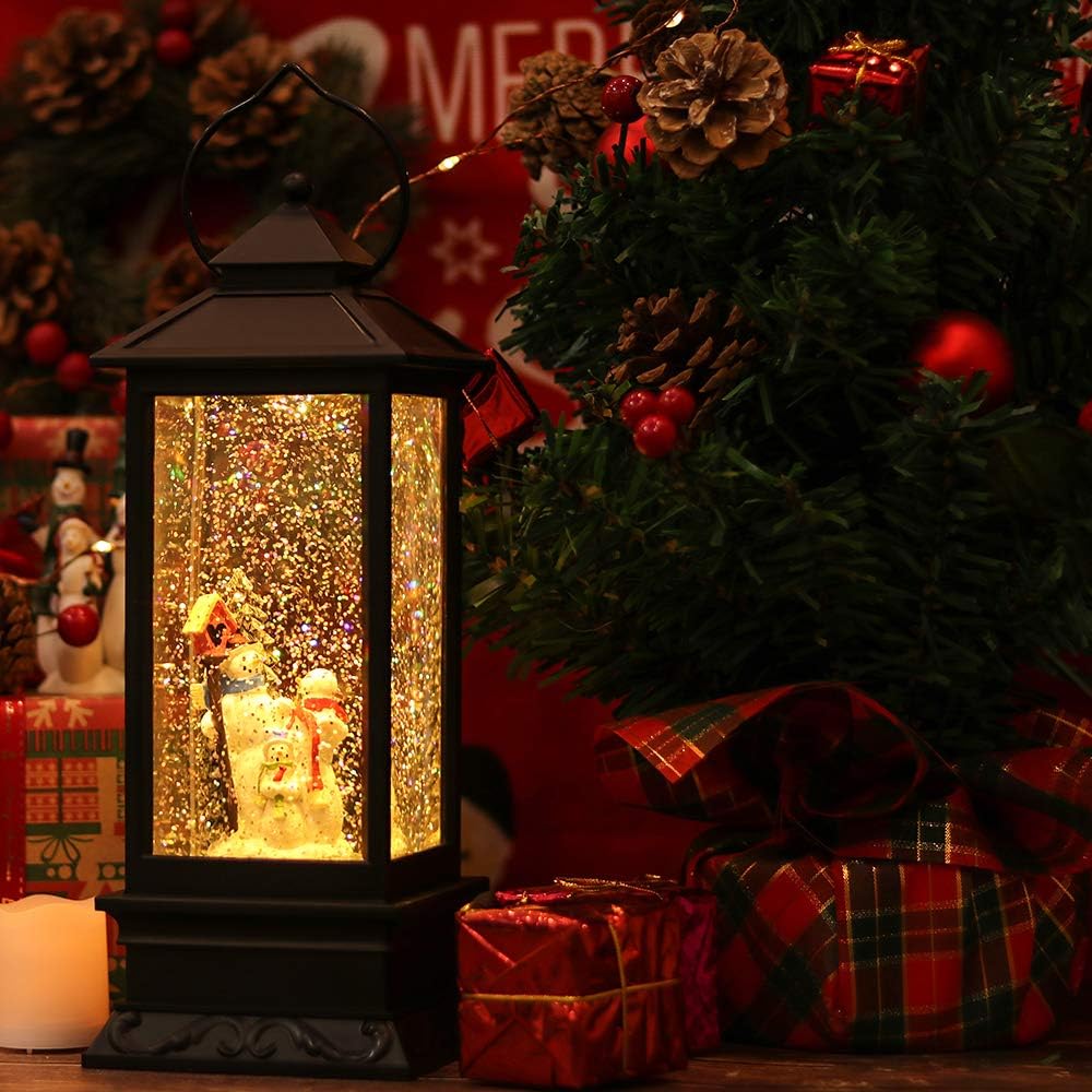 Eldnacele Christmas Snow Globe Lantern with Music, Battery Operated Lighted Swirling Glitter Water Lantern with Timer for Christmas Home Decoration, Snowman