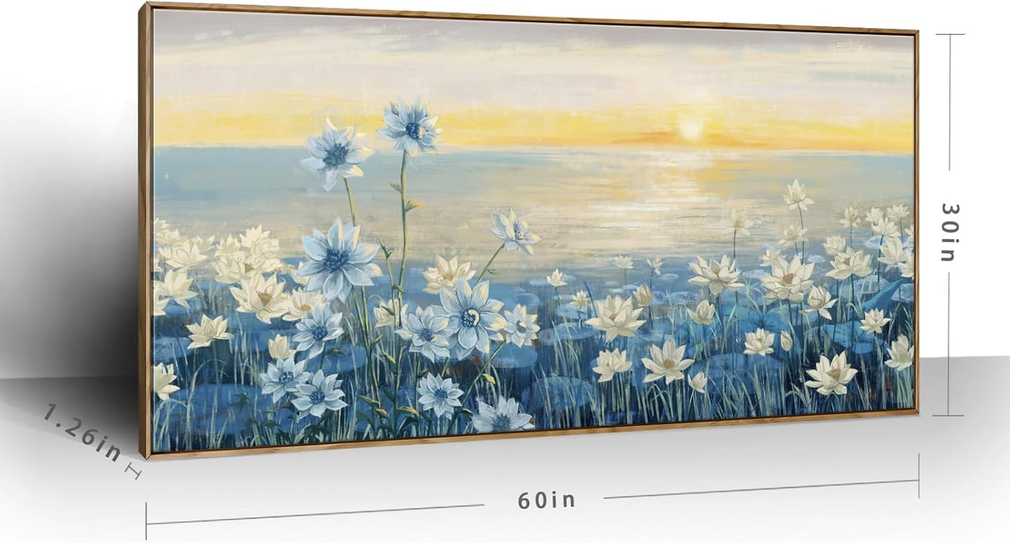 Large Wall Art for Living Room Modern Framed Coastal Beachy Canvas Wall Art Big Floral Sunrise Blue Wall Picture Oversized Lake Nature Sunset Artwork for Office Bedroom Decor