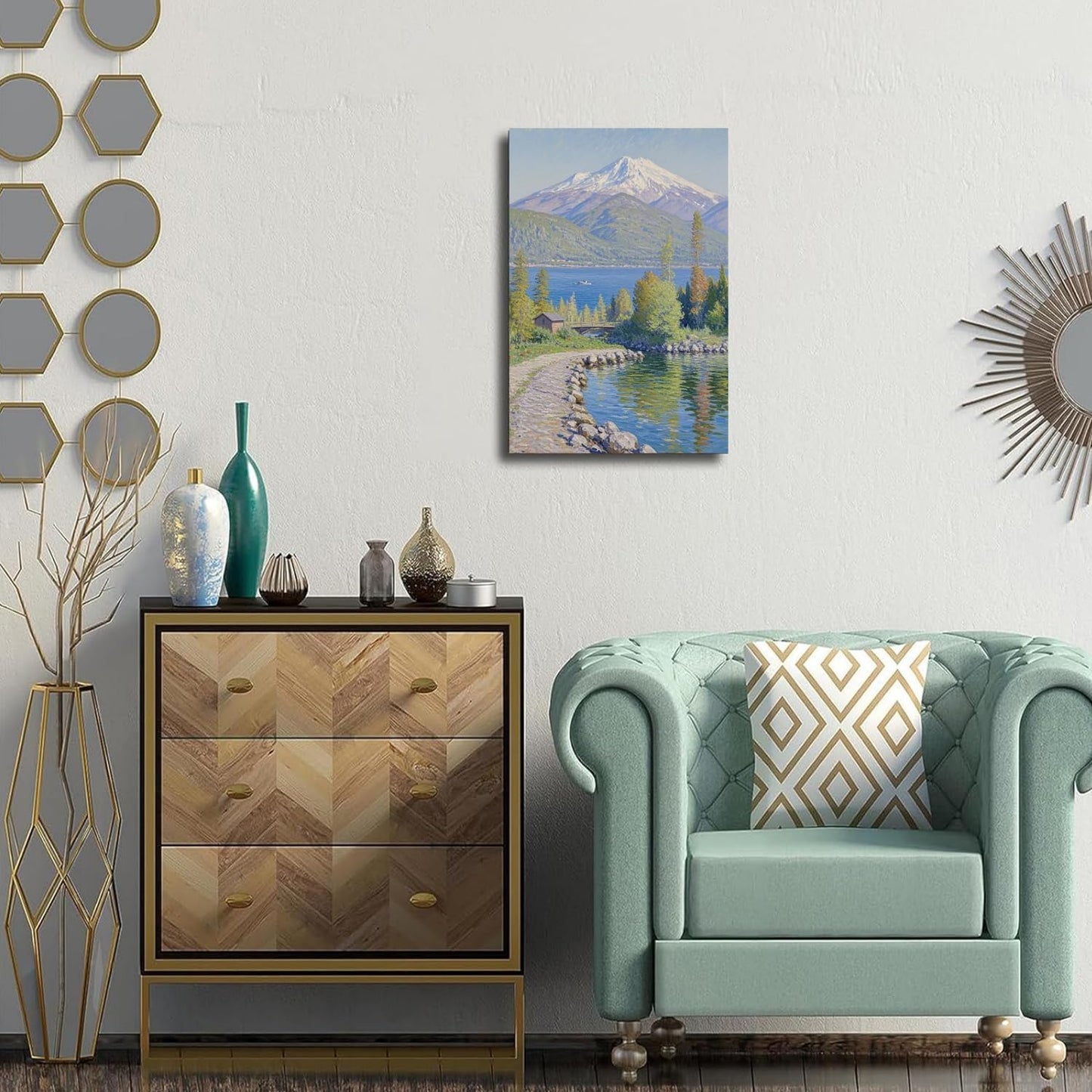 Color harmony mountain scenery blue sky lake wall painting suitable for living room natural scenery painting suitable for bedroom home decoration