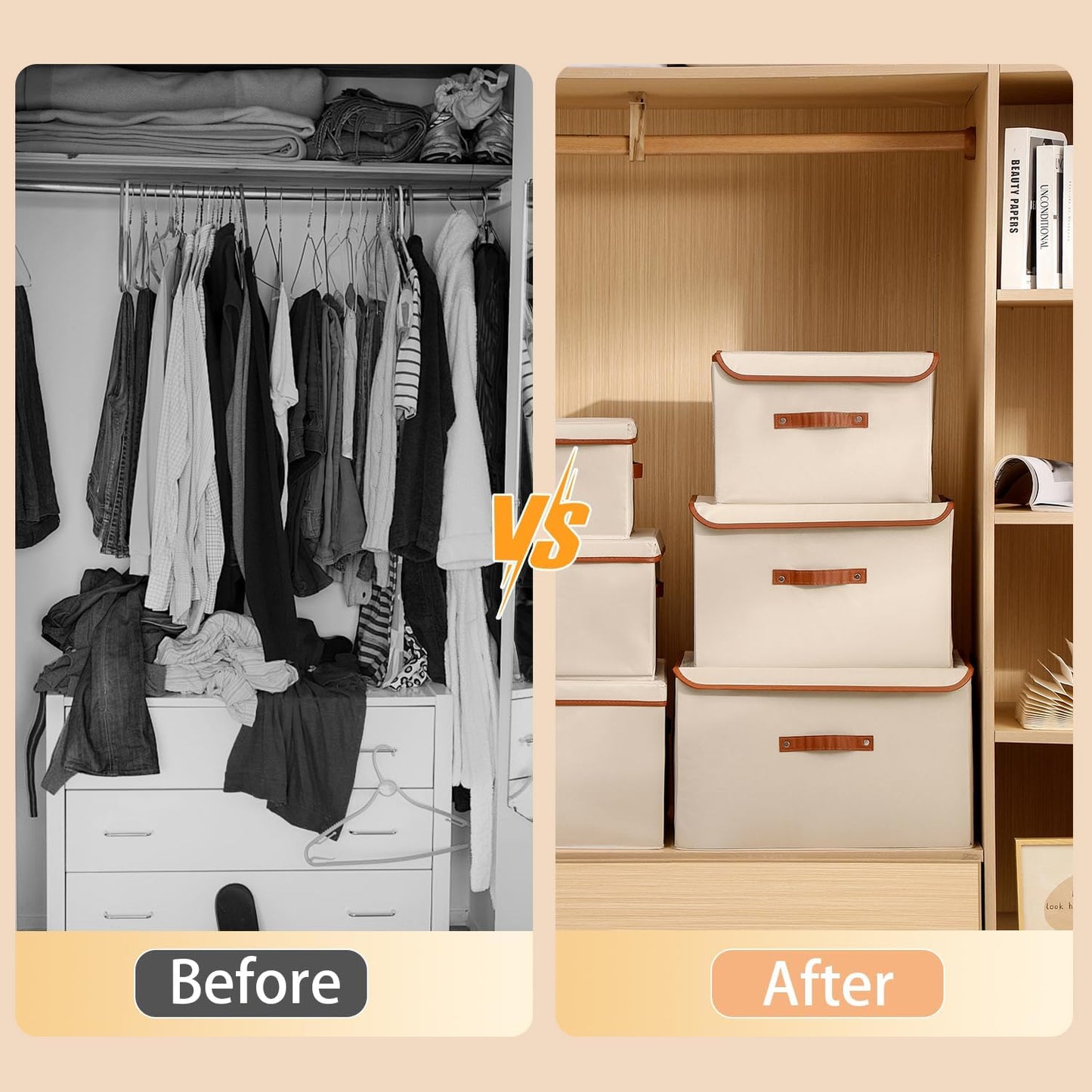 Tuza 4 Pack Large Fabric Storage Bins with Lids, Foldable Storage Boxes with Lids for Organizing, Decorative Storage Boxes with Handles for Home, Bedroom, Closet, Office(Khaki, Medium)