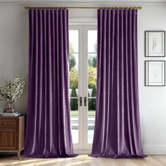 MIULEE Purple Velvet Curtains 90 inches 2 Panels - Luxury Room Darkening Window Drapes for Bedroom Living Room Thermal Insulated Super Soft Blackout, Back Tab Rod Pocket Pinch Pleated, W52 x L90