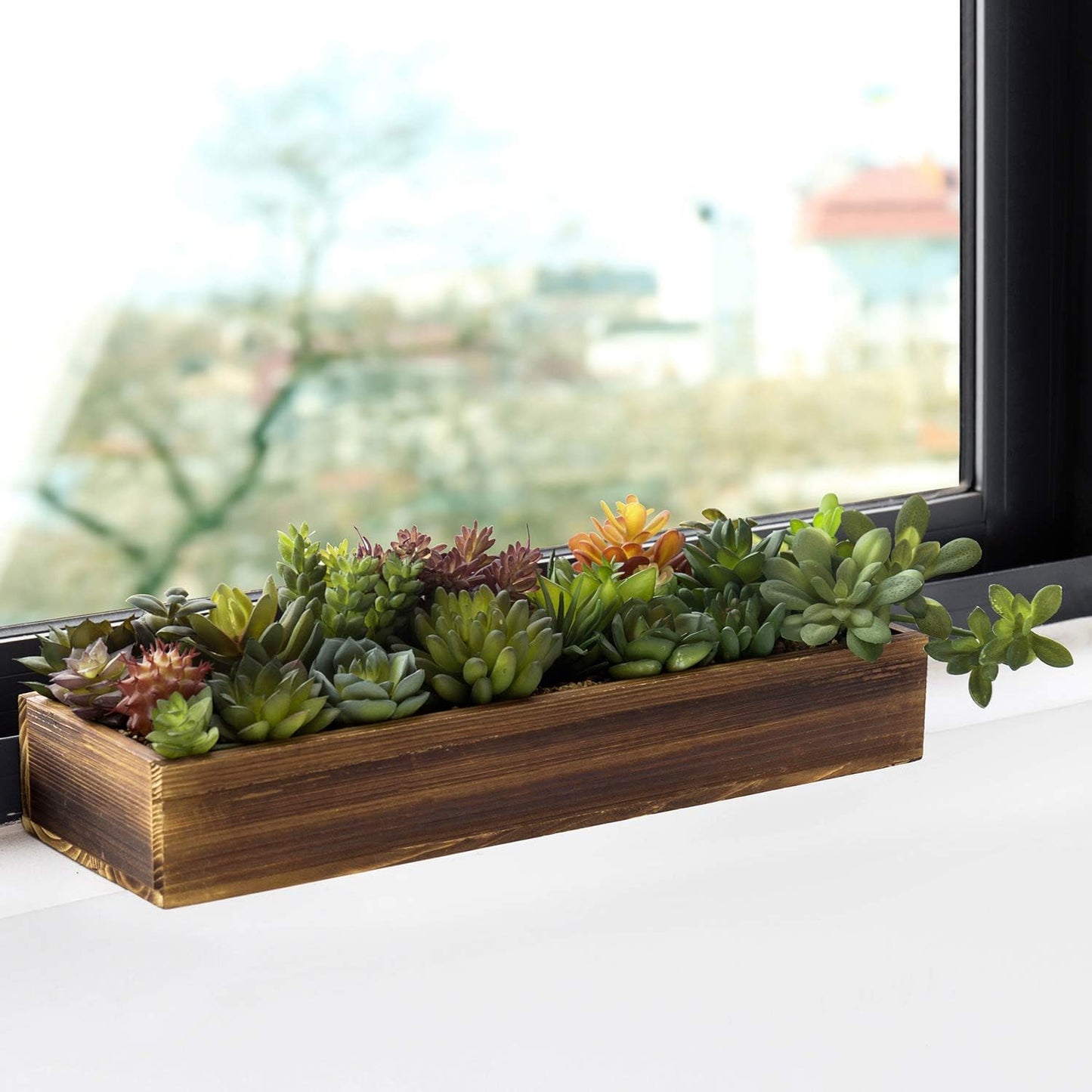 MyGift Artificial Succulent Centerpiece, 15.75 Inch Faux Succulents Arrangement Plants in Rustic Burnt Wood Rectangular Planter Box