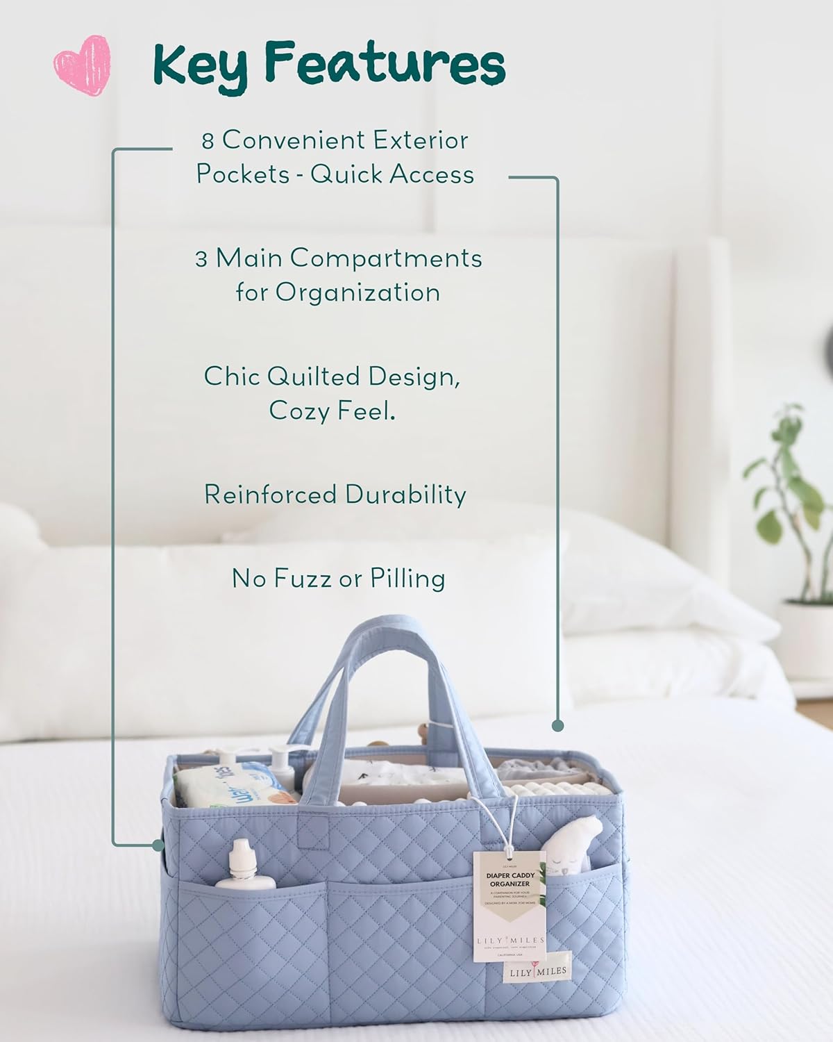 Lily Miles Baby Diaper Caddy Organizer, Quilted Nursery Storage Organizer for Newborn Essentials and Diaper Changing Station, Gift for Baby Shower and Registry Must-Have (Baby Breeze)