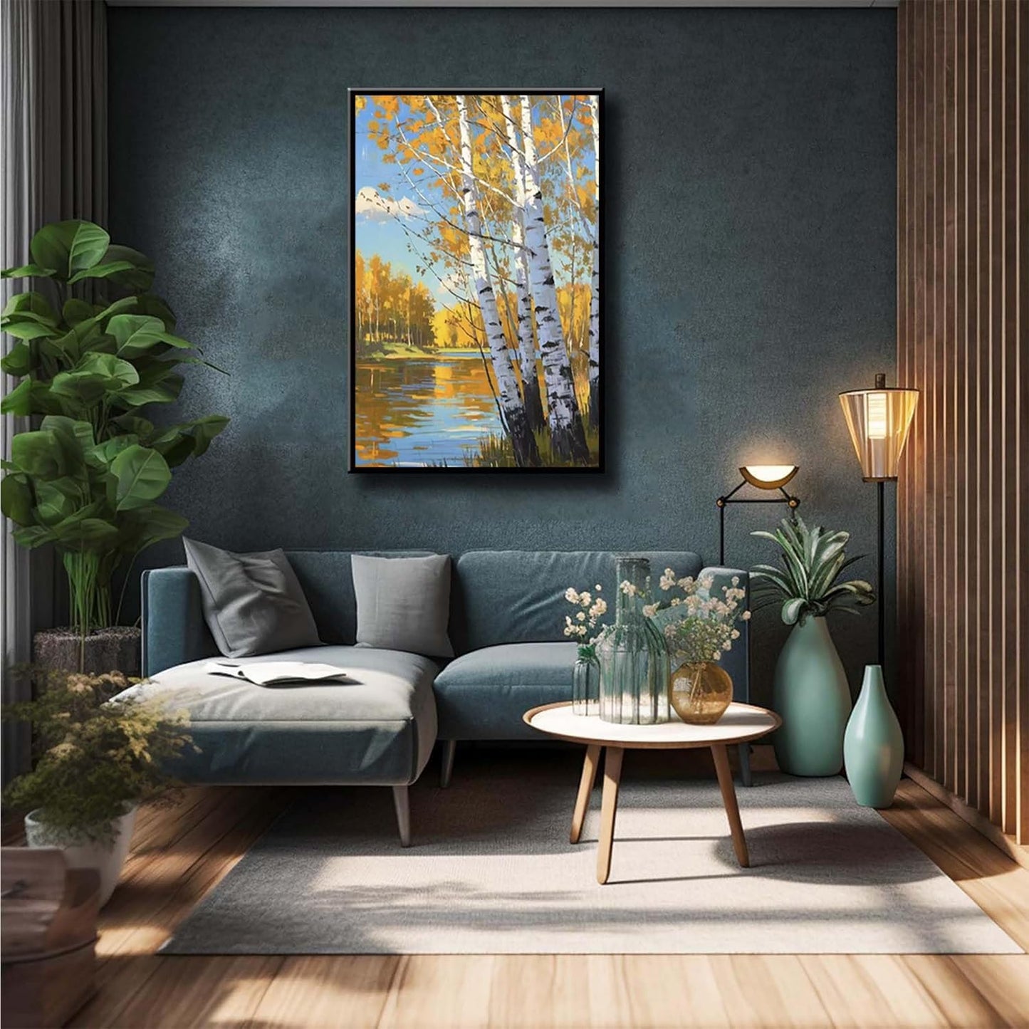 Poplar trees beside the blue sky and white clouds are suitable for living rooms bedrooms and offices Landscape posters and wall paintings