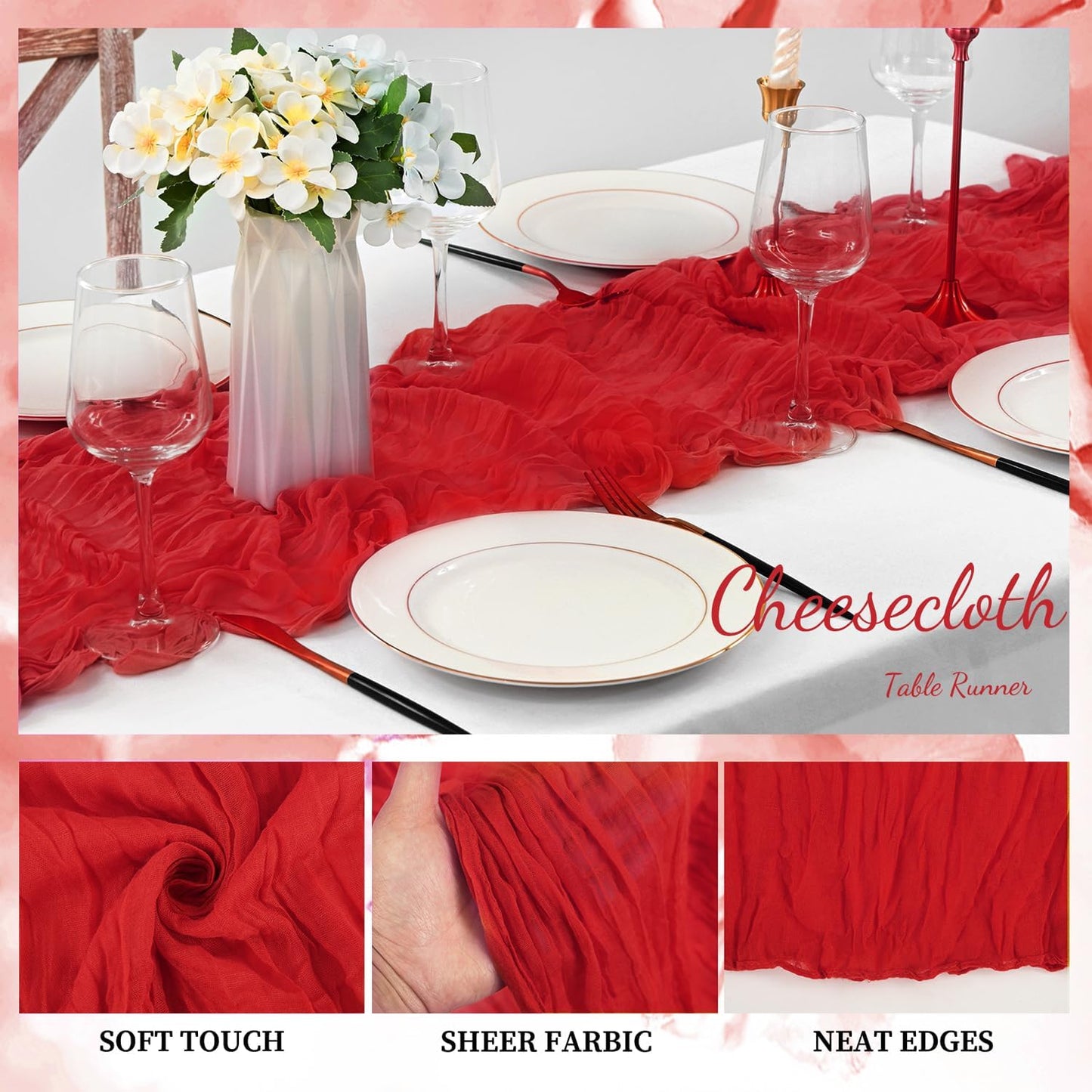 6 Pack Red 10FT Cheesecloth Table Runner Rustic Gauze Fabric Cheese Cloth Table Runner for Wedding Bridal Baby Shower Table Decor Boho Sheer Birthday Party Table Decorations 20 x 120 Inch Long