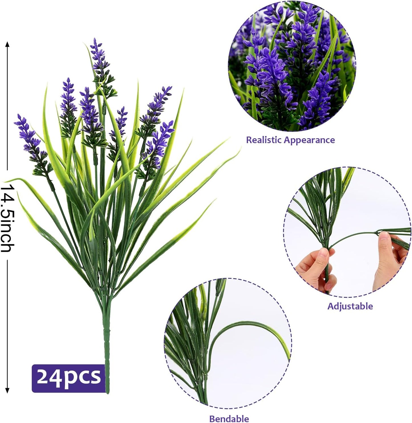 Geegoods 24 Bundles Artificial Plants Flowers Outdoor – Faux Lavender Flowers with Monkey Grass UV Resistant Plastic Faux Plants for Garden Porch Window Patio Hanging Planter Home Decor