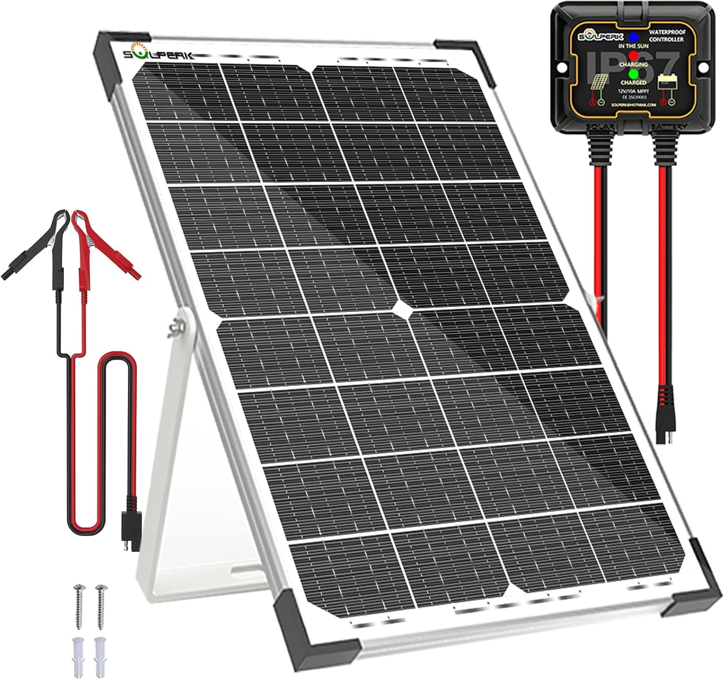 SOLPERK 30W Solar Battery Charger Solar Battery Maintainer + Upgrade 10A MPPT Charge Controller + Adjustable Mount Bracket for Car RV Boat Motorcycle，12V Waterproof Solar Panel Kit Trickle Charging