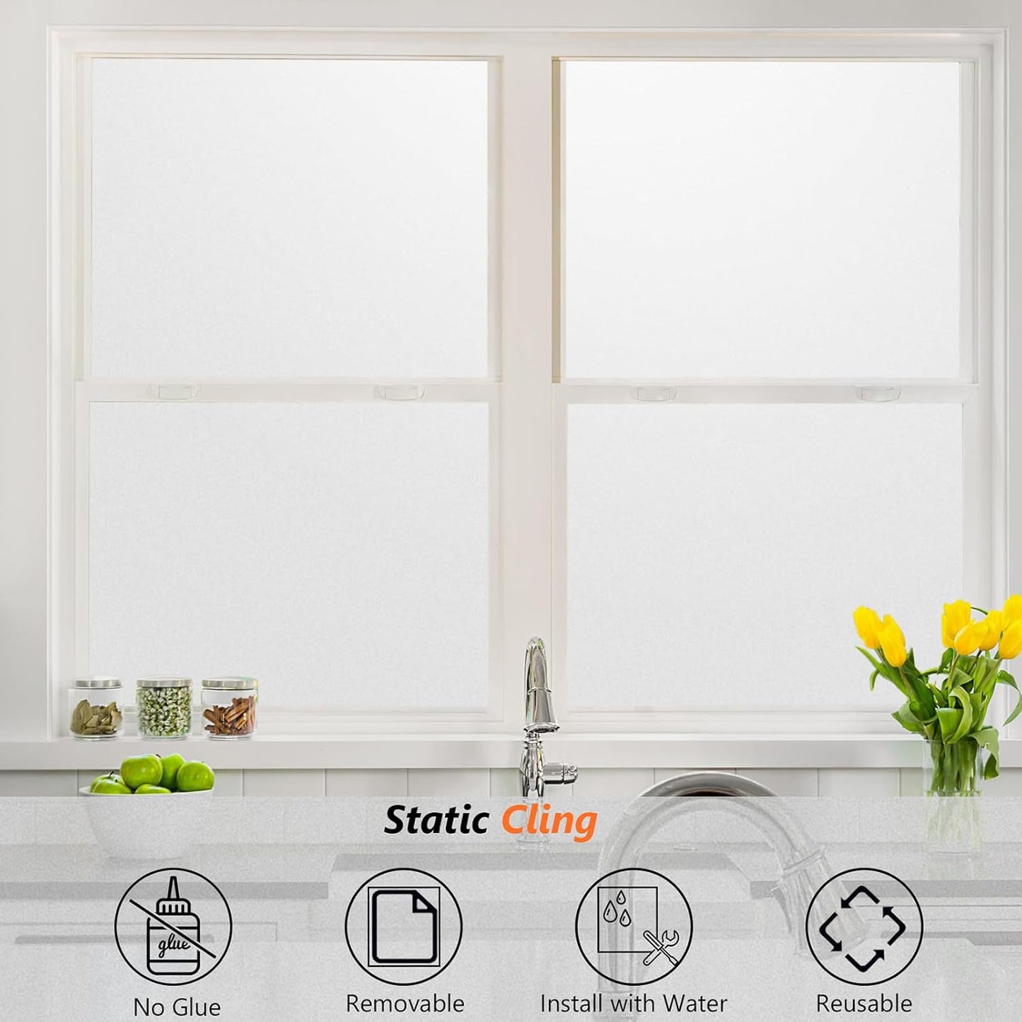 Kromapolis Window Privacy Film Frosted Glass Window Film, Heat Blocking Privacy Film for Glass Windows, Static Cling Non-Adhesive Frosting Window Stickers for Door Home (Frosted, 17.5 x 78.7 inch)